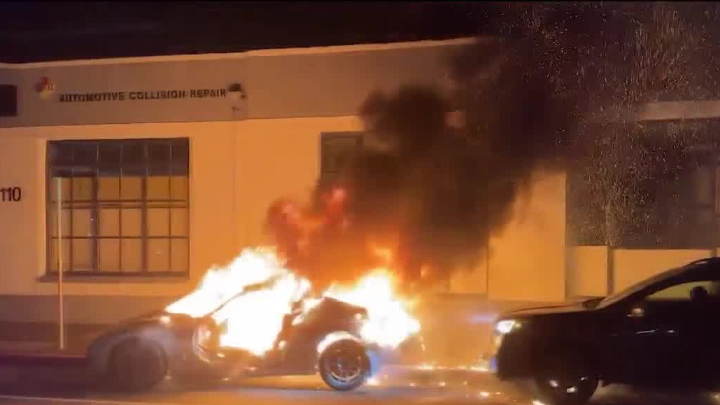 Multiple sideshows inundate the Bay Area early Saturday morning, one car erupts in flames