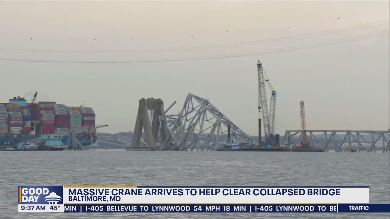 Massive crane arrives to help clear Baltimore bridge collapse