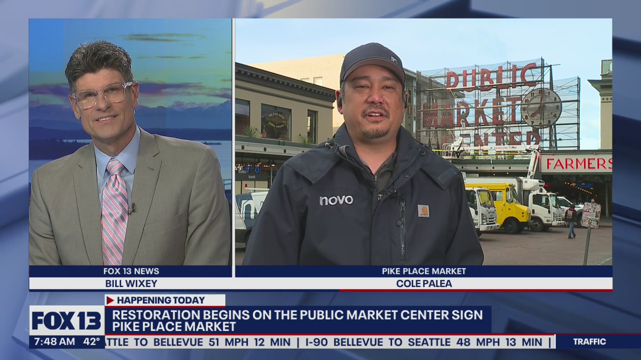 Restoration begins on the Public Market Center sign at Seattle's Pike Place Market