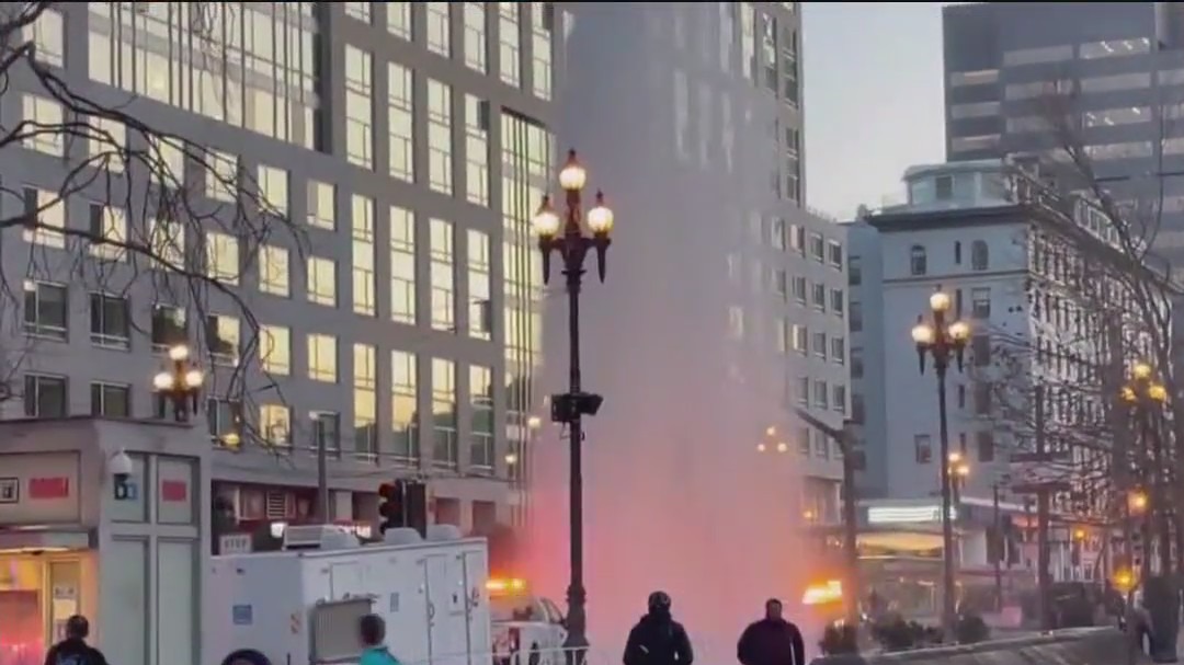 Water gushes from sheared fire hydrant at San Francisco Civic Center Plaza