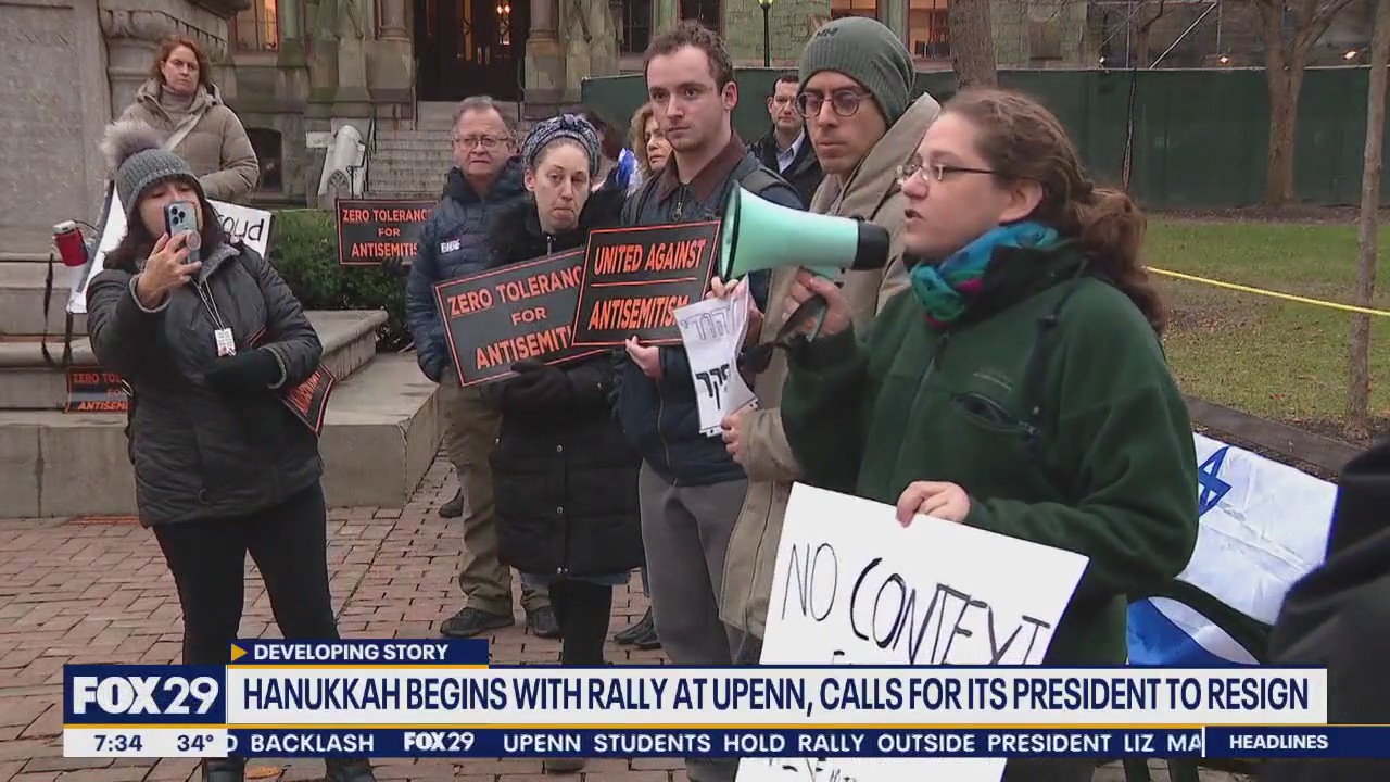 Hanukkah begins with rally at UPenn, calls for President Liz Magill to resign