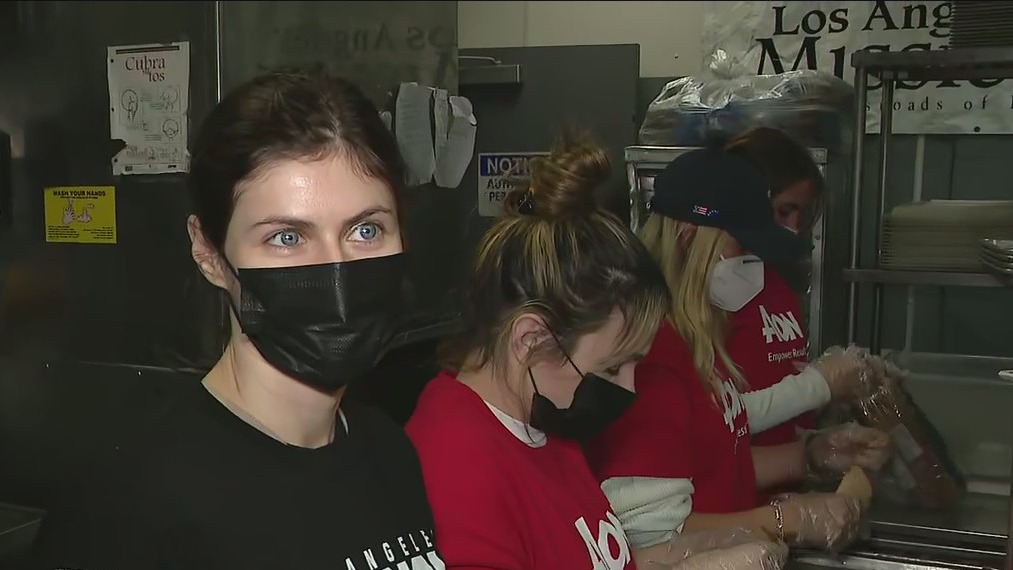 Catching up with Alexandra Daddario as the LA Mission hosts its annual Skid Row Thanksgiving Dinner