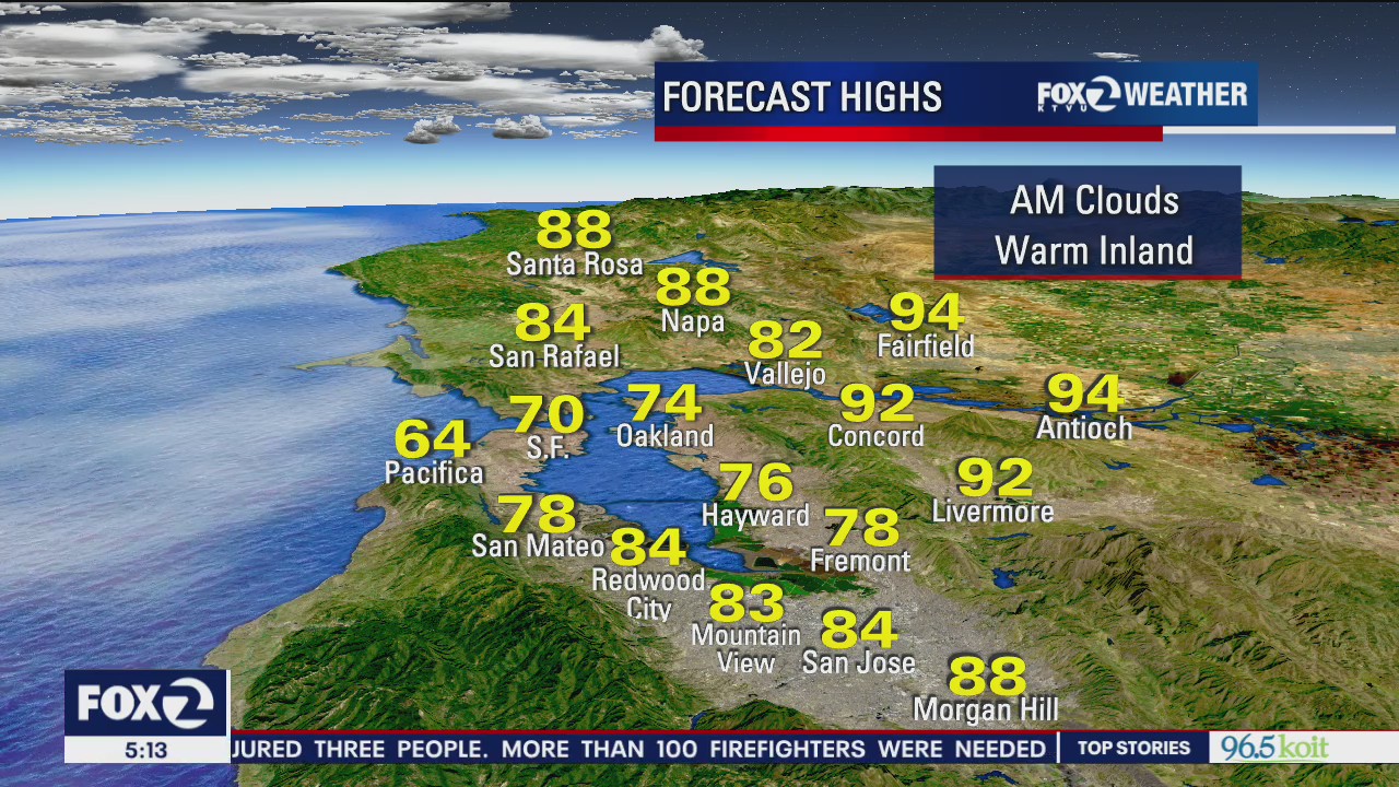 Morning clouds, warm inland