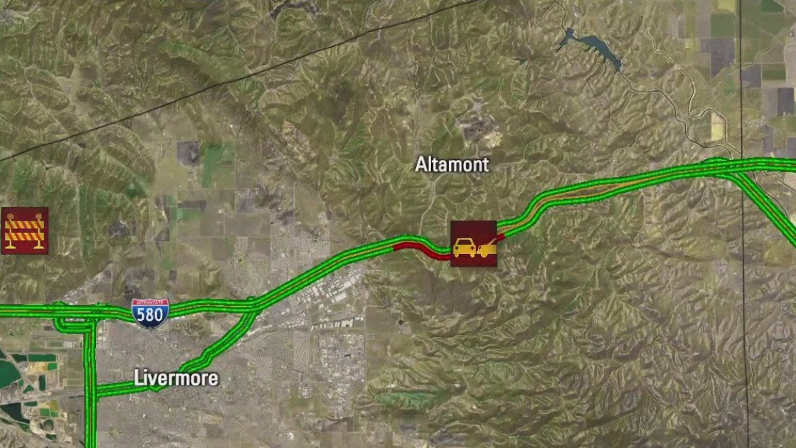 Big rig overturns, catches fire in Livermore