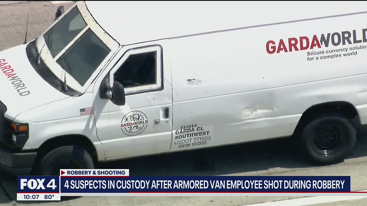 4 suspects in custody, armored car driver shot during robbery near bank in Carrollton
