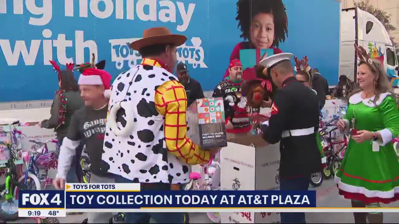 Toys for Tots collecting bikes and toys at AT&T Plaza