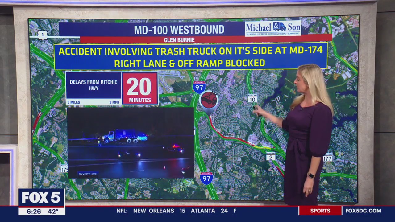 Delays after trash truck overturns in Glen Burnie