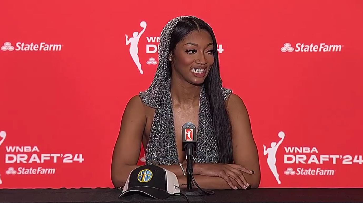 LSU star Angel Reese talks after Chicago Sky drafted her No. 7 overall