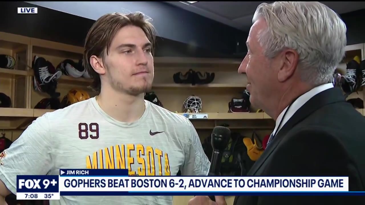 Gophers' Matthew Knies talks after beating Boston University in NCAA Frozen 4
