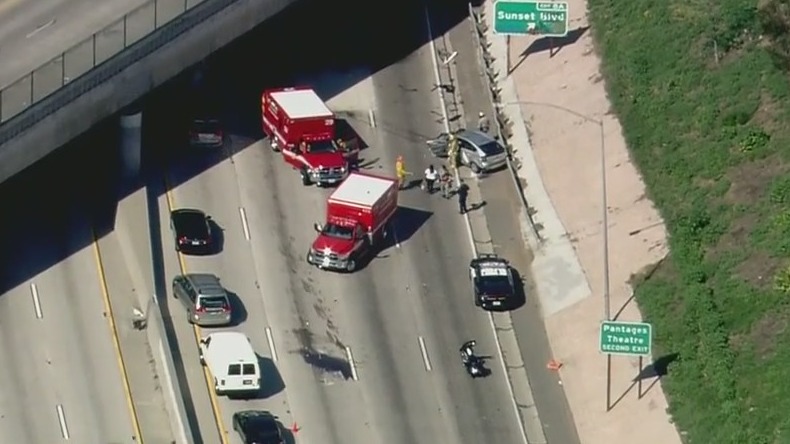 Crash with suspected wrong-way driver closes three lanes of 101 Freeway in Hollywood
