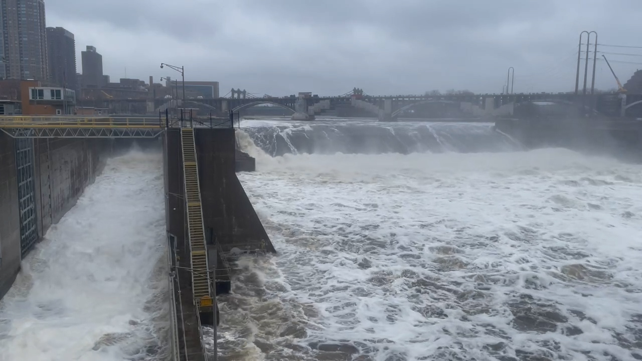 St. Anthony Falls roars in Minneapolis Spring