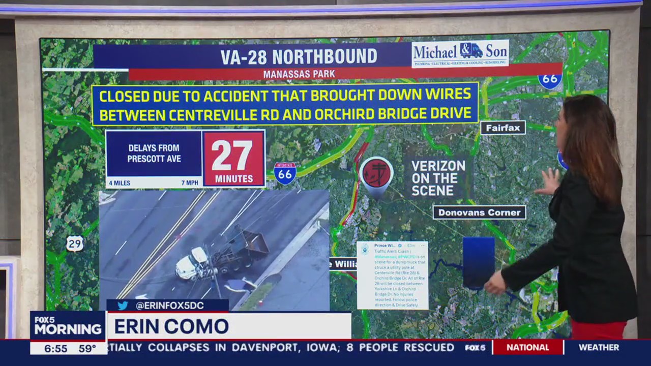 Delays in Manassas after dump truck strikes overhead cables