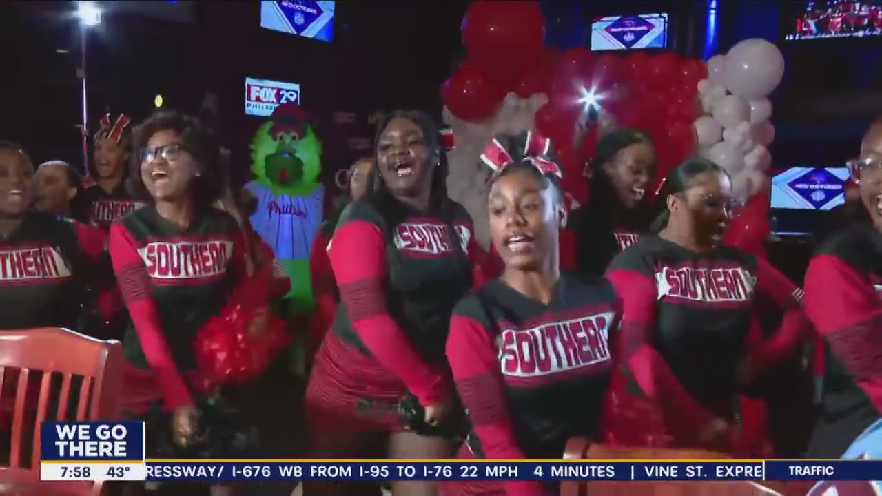 South Philadelphia High School cheerleaders bring the spirit to the Phillies pregame celebration