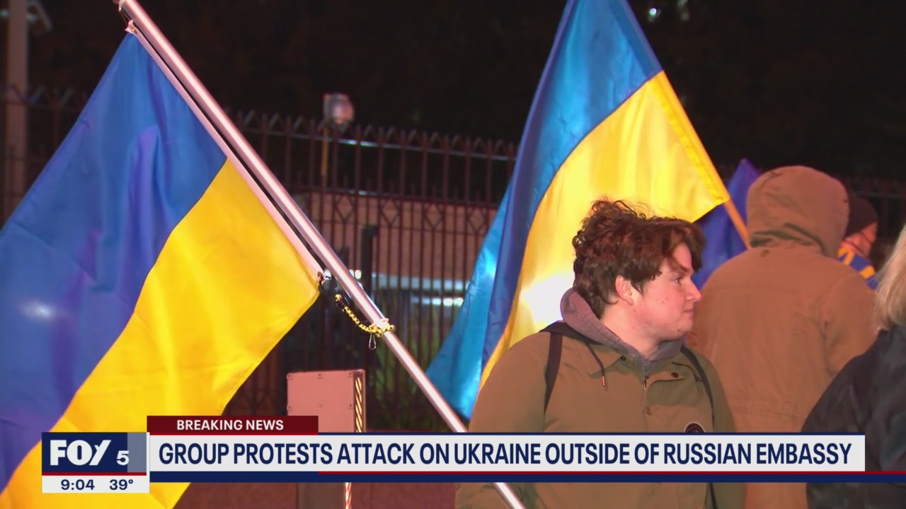 Protestors gather outside of Russian embassy