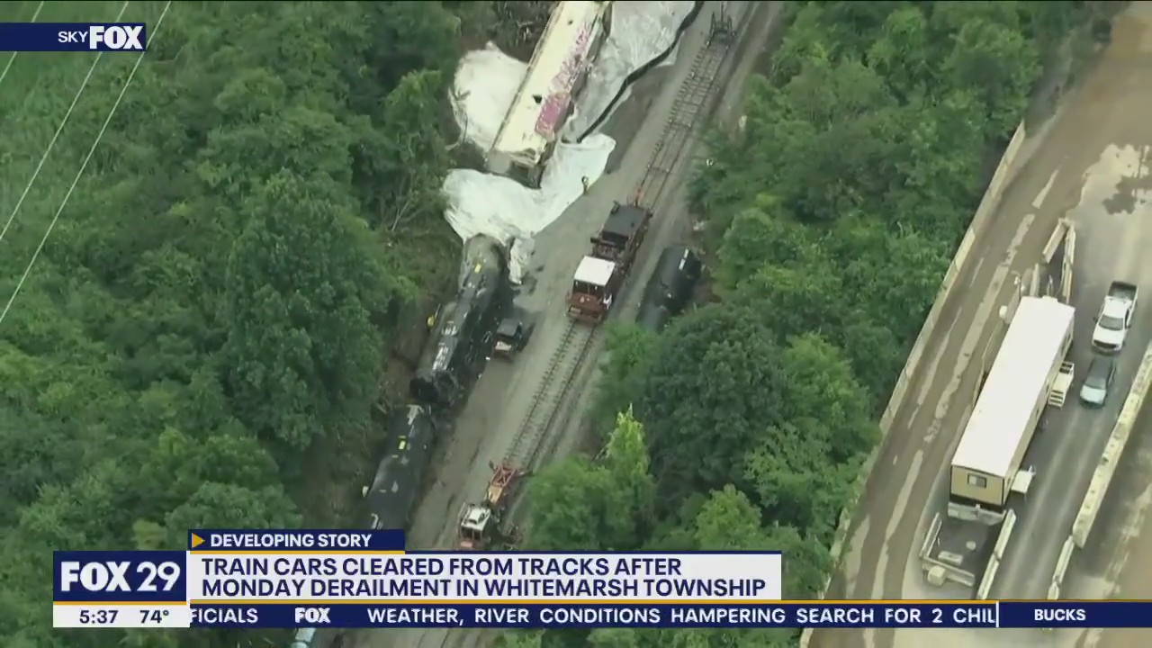 Train cars cleared from tracks aftter derailment in Whitemarsh Township