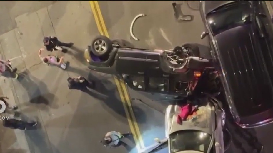 Suspect vehicle hits parked cars, flips on side in San Francisco