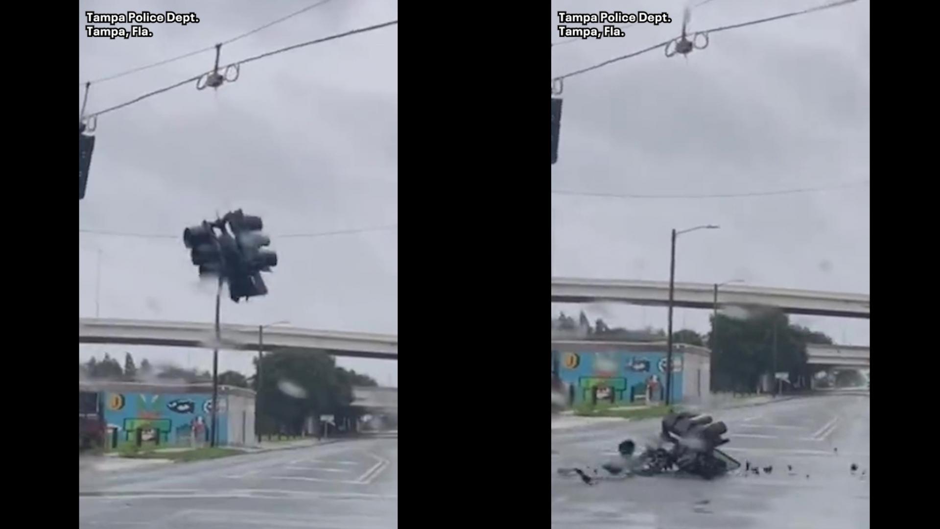 Streetlight comes down in Ybor City during Hurricane Irma