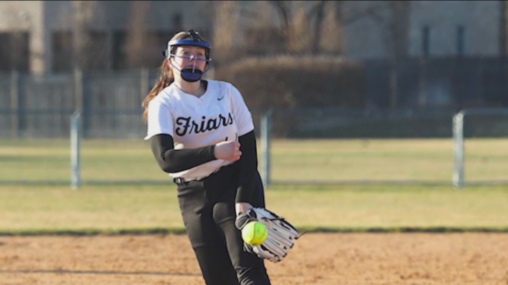 Fenwick Friars pitcher Talia Lorenzo celebrates over 400 career strikeouts