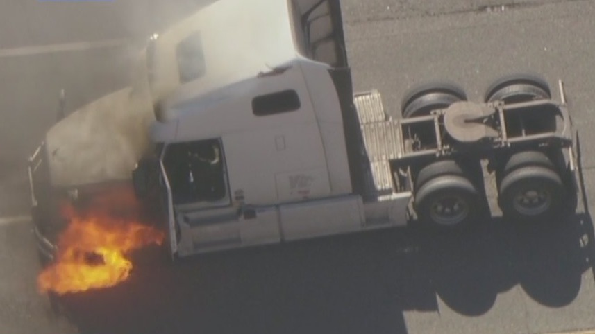 Big rig in LA County chase goes up in flames