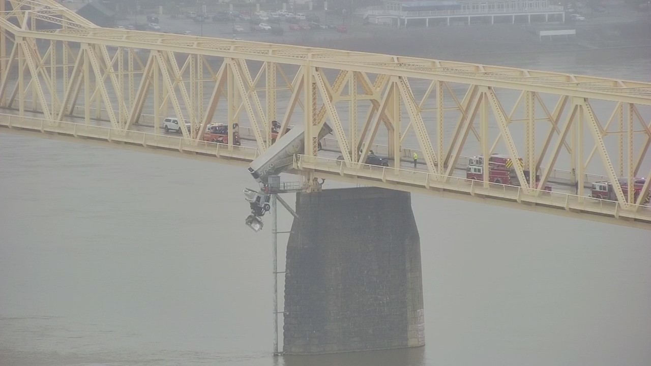 Truck hanging off bridge in Louisville, Kentucky