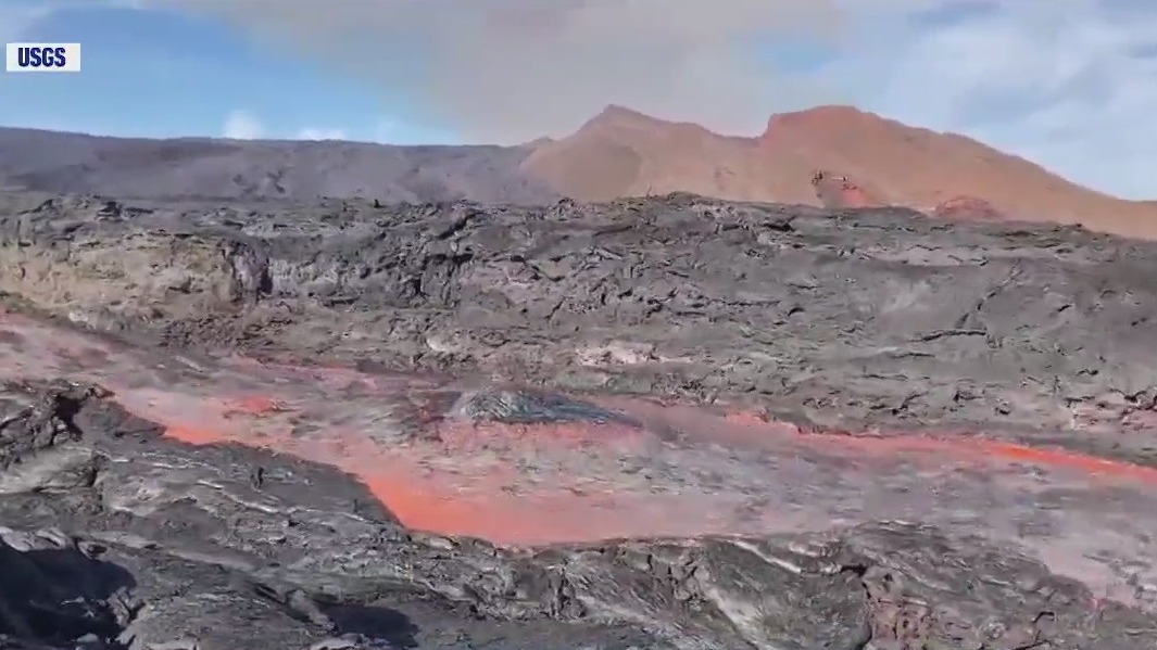 Lava boat flows down lava stream after volcanic eruption