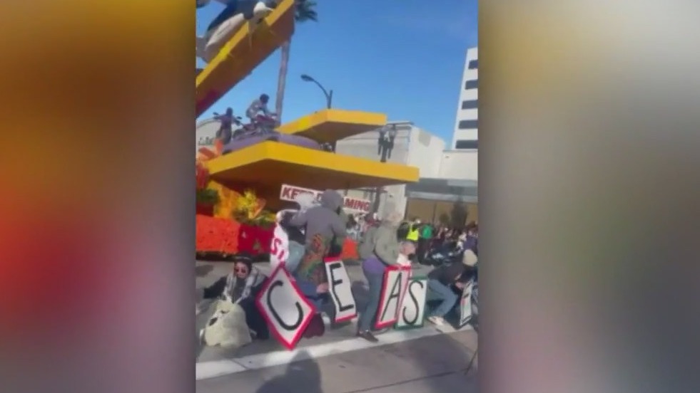 Pro-Palestine protesters block Rose Parade float