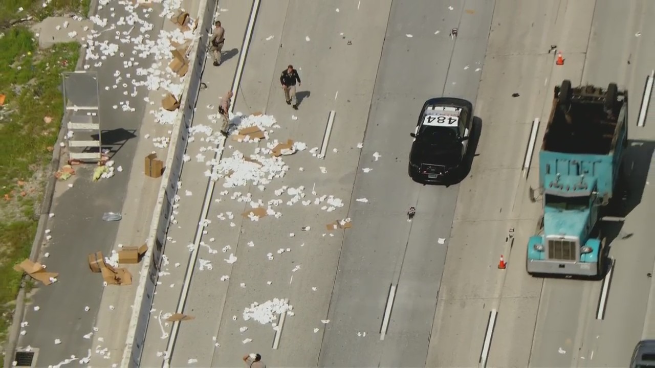 Toilet paper clogs traffic on SoCal freeway
