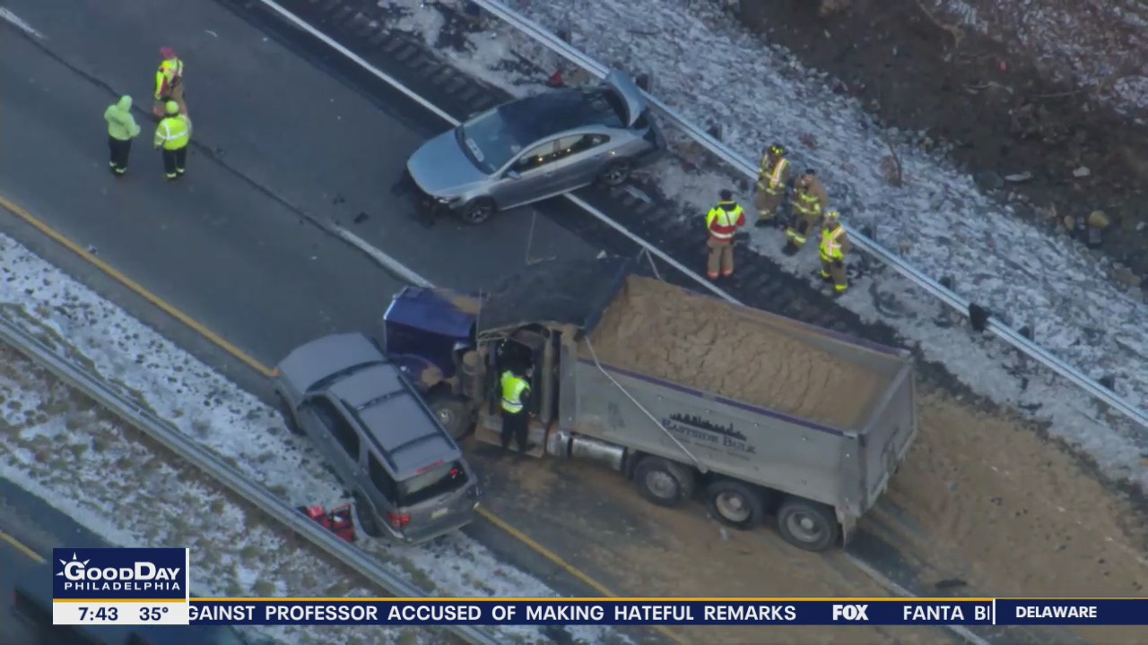 Collision between dump truck, 2 vehicles leaves debris on Route 30
