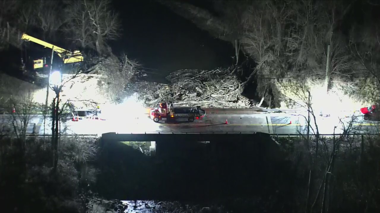 Maryland bridge damaged during washout caused by logjam debris; emergency roadwork underway